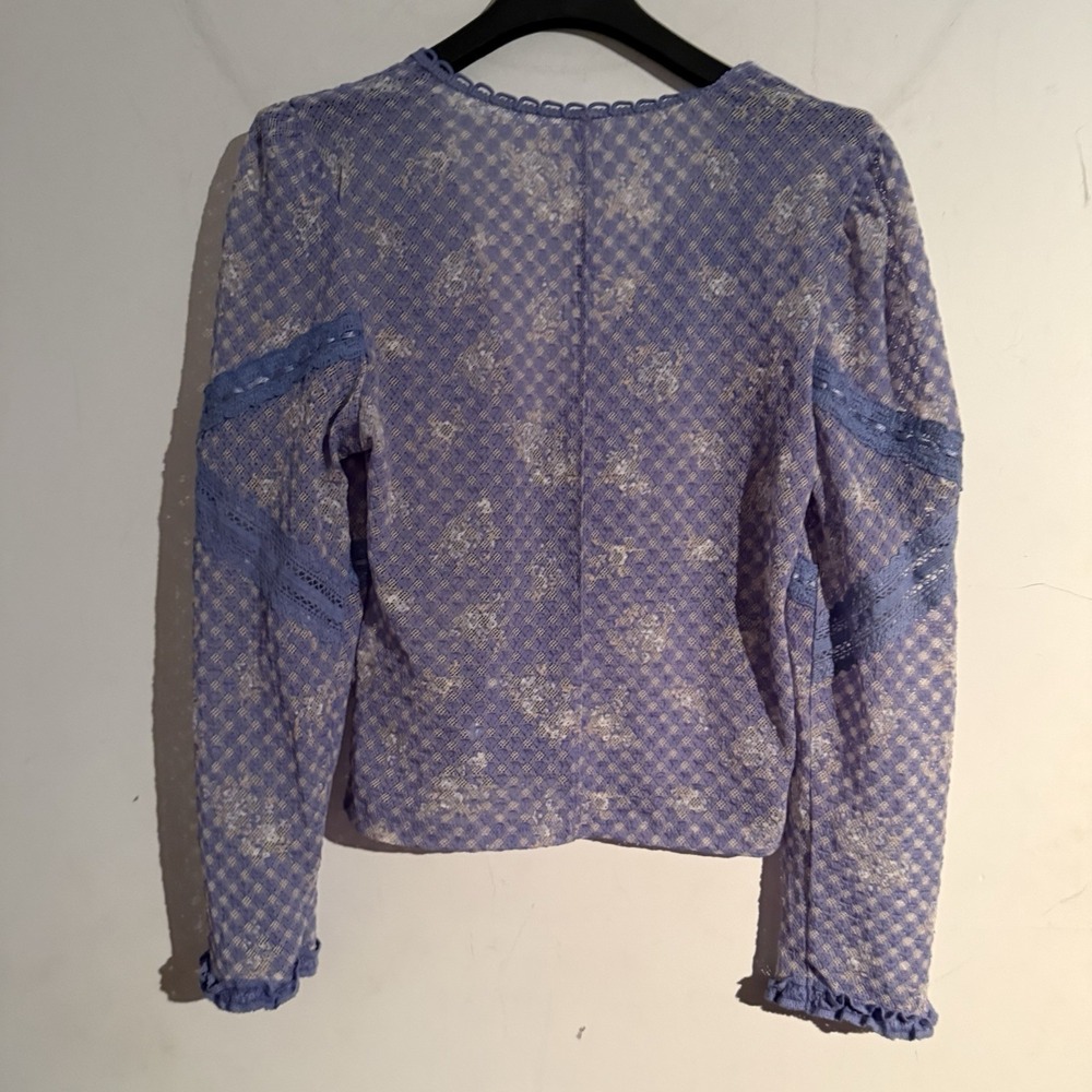 Free People Gingham Floral Lace Cardigan Top Women's S Blue Sheer Boho Fairy - Picture 5 of 5